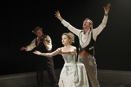Production still for "The Story of Mary Maclane By Herself". L-R: Andy Baylor, Bojana Novakovic, Tim Rogers. Photographer: Jeff Busby