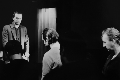 Production still for "Conversations with the Dead". L-R: Aaron Pedersen, LeRoy Parsons, Peter Docker, Brendan Murray, Andy Baylor. Photographer: Rachelle Roberts