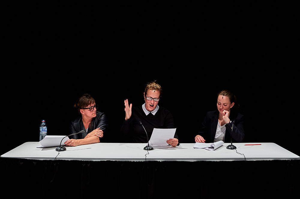 Production still for "Wild Bore". L-R: Adrienne Truscott, Ursula Martinez, Zoe Coombs Marr. Photographer: Tim Grey