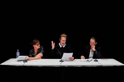 Production still for "Wild Bore". L-R: Adrienne Truscott, Ursula Martinez, Zoe Coombs Marr. Photographer: Tim Grey