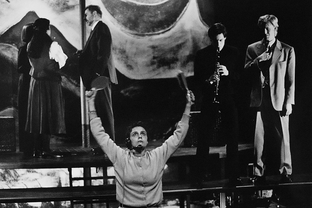 Production still for "Underwear, Perfume, Crash Helmet". L- R: Penelope Stewart as Blair, Janet Andrewartha as Caroline, John Gregg as Lionel, Tammy McCarthy as Michelle, David Tredinnick as Nicholas, Simon Wilton as Patrick. Photographer: Jeff Busby