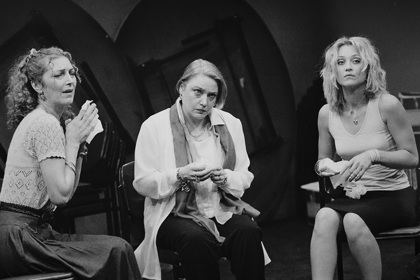 Production still for "Face to Face". L-R: Gina Gaigalis as Maureen, Andrea Swifte as Claire, Christine Stephen Daly as Julie. Photographer: Jeff Busby