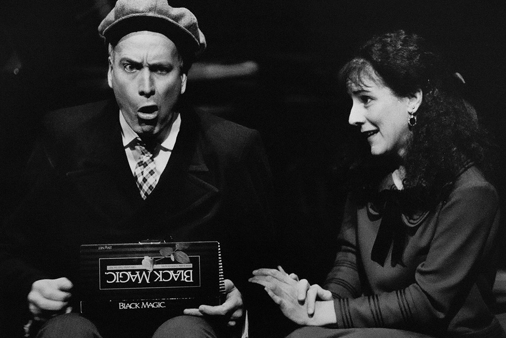 Production still for "A Dickins' Christmas". L-R: Neill Gladwin as Young Jack, Fay Bendrups as Emily. Photographer: Jeff Busby