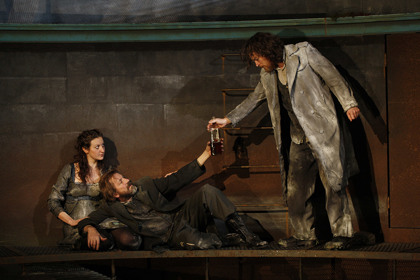 Production still for "Knives in Hens". L-R: Dan Spielman as Gilbert Horn, Robert Menzies as Pony William. Photographer: Jeff Busby