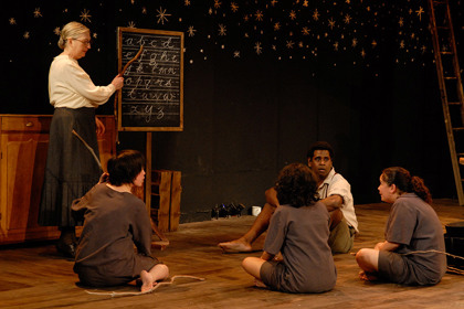 Production still for Sydney season of "Yibiyung". L-R: Annie Byron as the Teacher, Jada Alberts as Yirribin, Miranda Tapsell as Yibiyung, Jimi Bani as Smiley, Melodie Reynolds as Djindi . Photographer: Heidrun Löhr