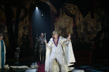 Production still for "Exit the King". L-R: Gillian Jones, David Woods, Geoffrey Rush. Photographer: Lisa Tomasetti