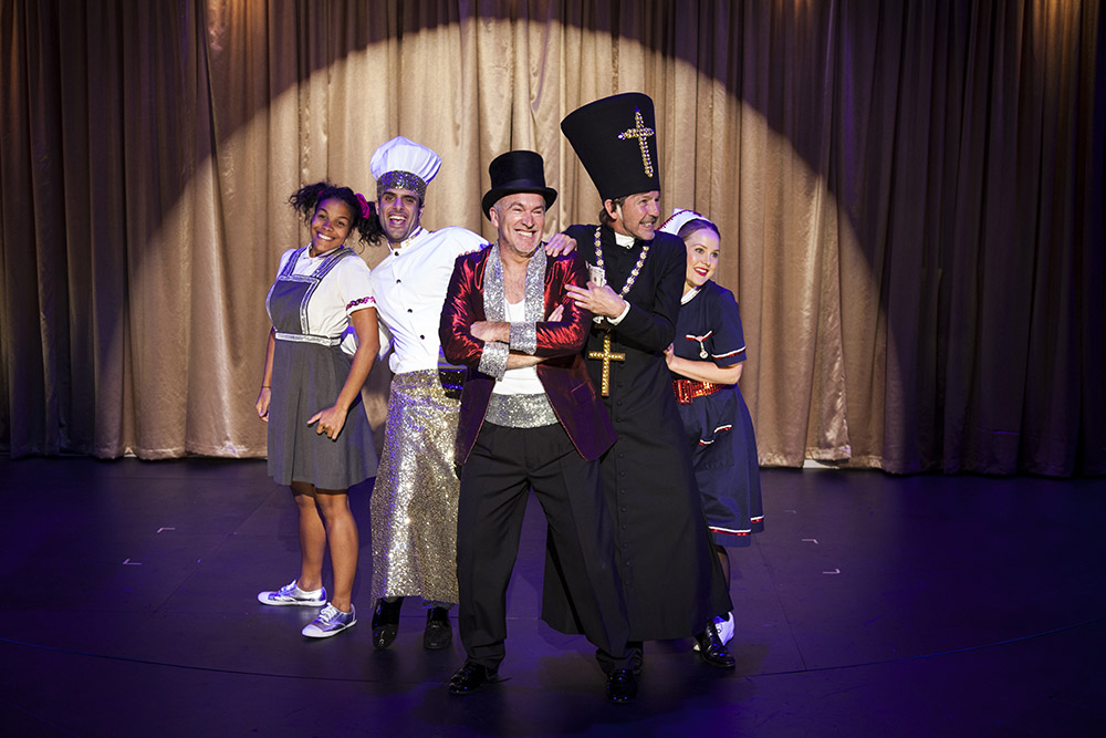 Production still for "The Government Inspector". L-R: Zahra Newman, Fayssal Bazzi, Greg Stone, Robert Menzies, Eryn-Jean Norvill. Photographer: Pia Johnson