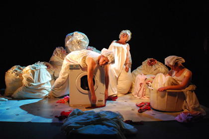 Production still for "Care Instructions". L-R: Jane Bayly, Liz Jones, Caroline Lee. Photographer: David Young