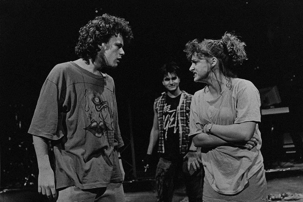 Production still for "Riff Raff: the Re-mix". L-R: Justin Connor as Mick, Anthony de Fazio as Doogs, Tania Klerfon as Razie. Photographer: Jeff Busby