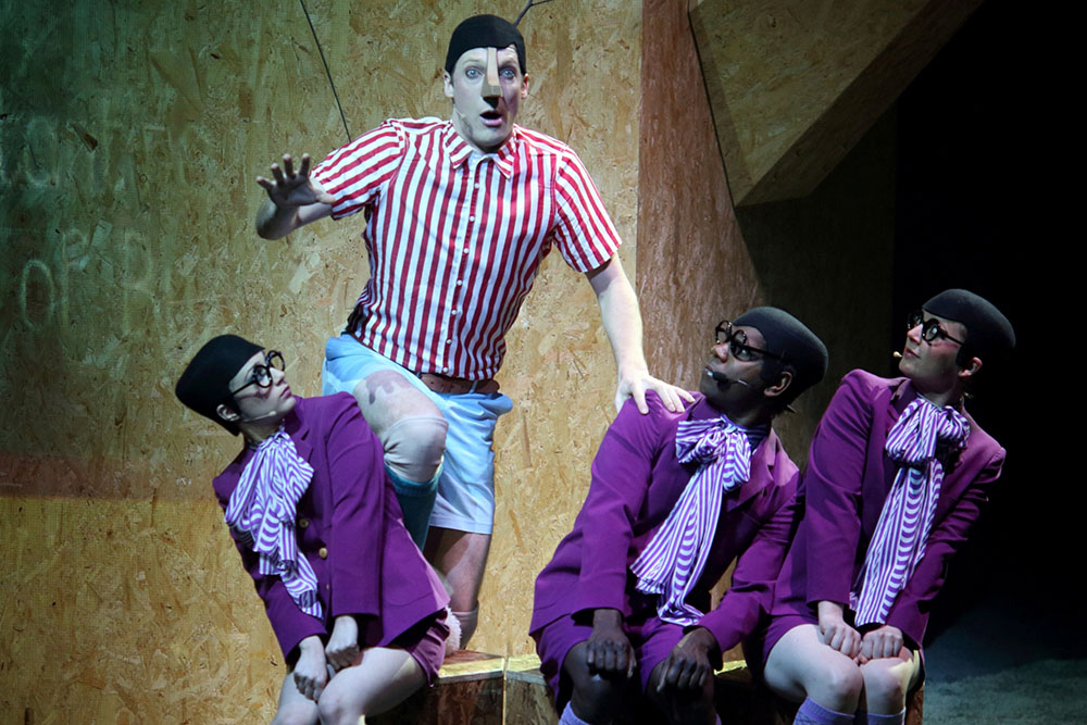 Production still for previous Adelaide season of "Pinocchio". L-R: Danielle Catanzariti, Nathan O'Keefe as Pinocchio, Derik Lynch, Jude Henshall. Photographer: Brett Boardman