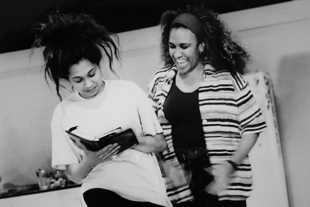 Production still for "Up the Road". L-R: Irma Woods as Liddy, Margaret Harvey as Susan Lockerbee. Photographer: Jeff Busby