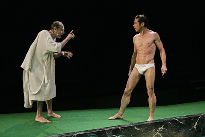 Production still for "Moliere's Tartuffe". L-R: Barry Otto, Marcus Graham. Photographer: Jeff Busby 