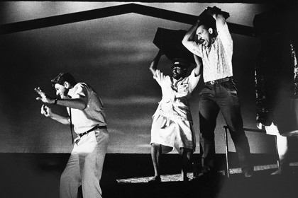 Production still for "Rising Fish Prayer". L-R: Robert Grubb as Ken Paterson, Kilori Susuve as Ubuku, Theo Burns as Sam Tiko. Photographer: Jeff Busby