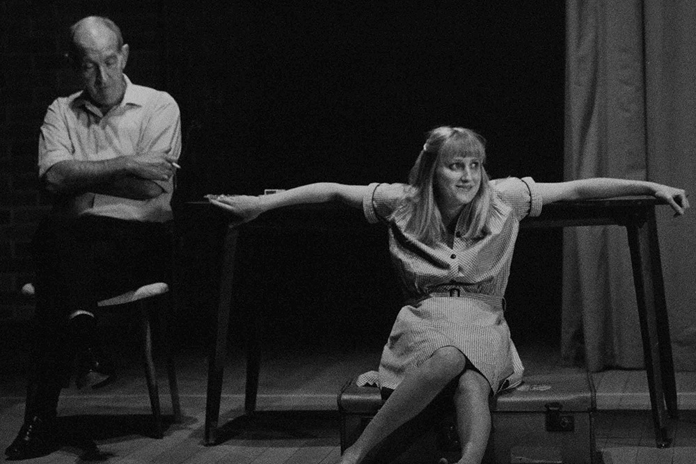 Production still for "Away". L-R: Cliff Ellen as Jim, Sally Cooper as Meg. Photographer: Jeff Busby