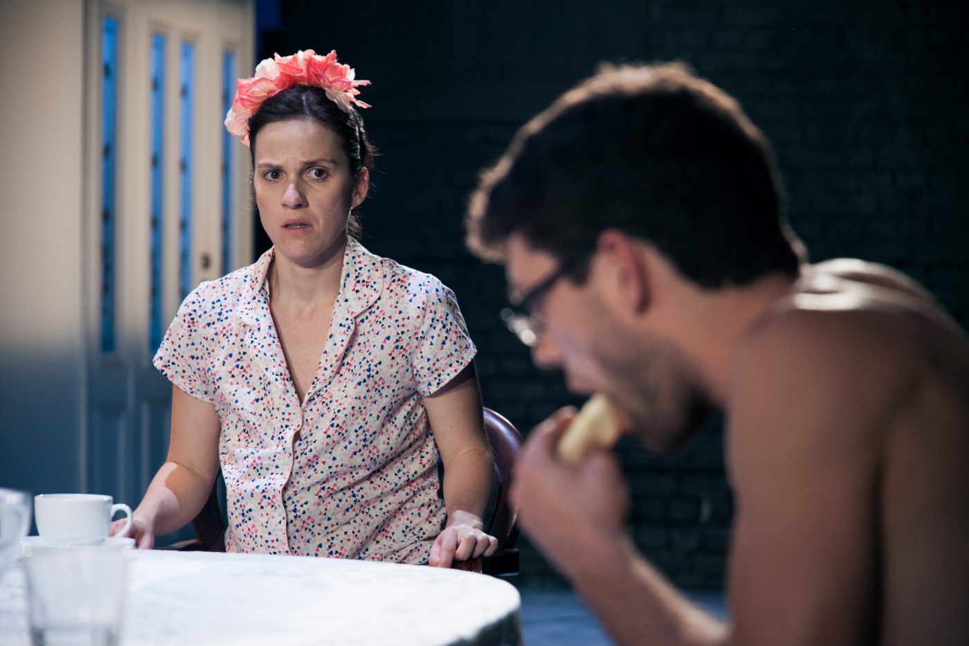 Production still for "Meta". L to R: Mary Helen Sassman andAaron Orzech. Photographer: Pierre Carthew