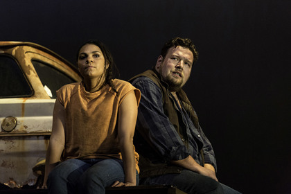 Production still for "Walking into the Bigness". L-R: Rarriwuy Hick, Tiriki Onus. Photographer: Pia Johnson