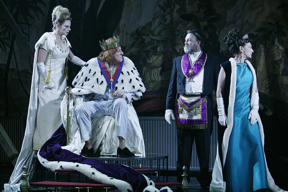 Production still for "Exit the King". L-R: Rebecca Massey, Geoffrey Rush, Bille Brown, Gillian Jones. Photographer: Lisa Tomasetti