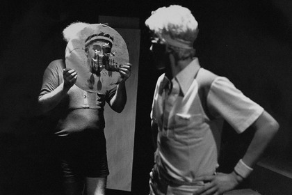 Production still for "Ball Boys". L-R: Malcolm Robertson as One-Eye. Nick Holland as Sven Svenson. Photographer: Jeff Busby