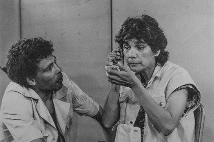 Production still for "State of Shock". Ernie Dingo, Lynette Narkle. Photographer: Unknown