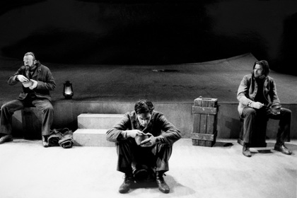 Production still for "Holy Day". L-R: Dino Marnika as Goundry, Cameron Goodall as Cornelius, Peter Docker as Epstein. Photographer: David Wilson