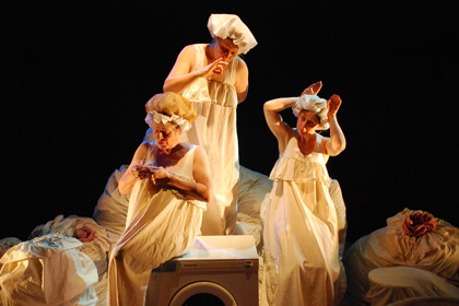 Production still for "Care Instructions". L-R: Liz Jones, Jane Bayly, Caroline Lee. Photographer: David Young