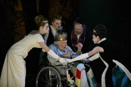 Production still for "Exit the King". L-R: Rebecca Massey, Julie Forsyth, Geoffrey Rush, Bille Brown, Gillian Jones. Photographer: Lisa Tomasetti