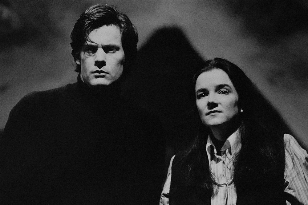 Production still for "Underwear, Perfume, Crash Helmet". L- R: David Tredinnick as Nicholas, Janet Andrewartha as Caroline. Photographer: Jeff Busby