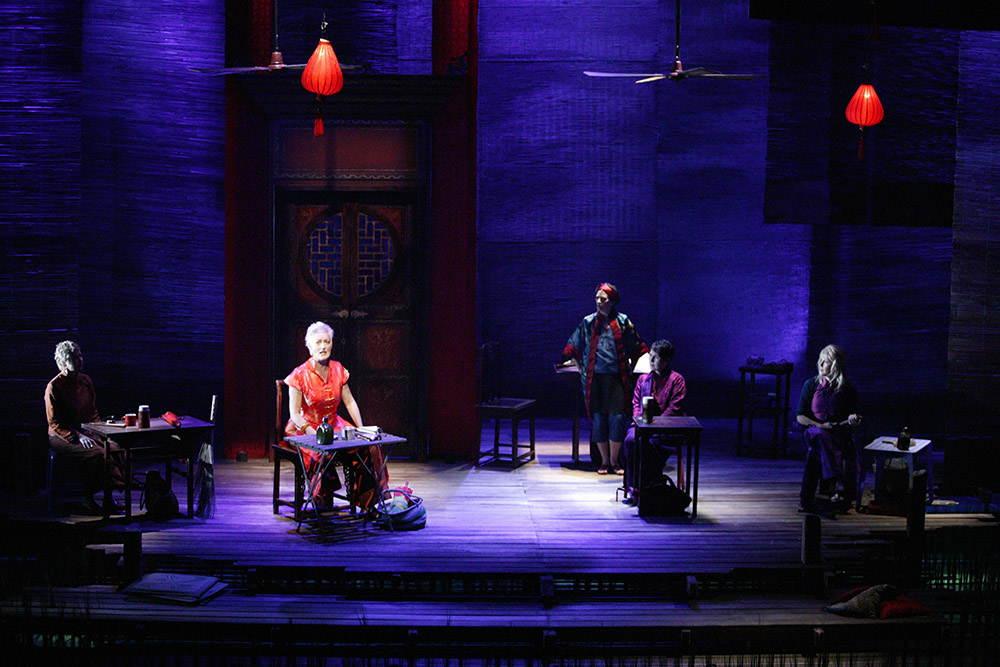 Production still for "Minefields and Miniskirts" (2004). L-R: Tracy Mann as The Vietnam Vet's Wife, Tracy Bartram as The Journalist, Debra Byrne as The Nurse, Robyn Arthur as The Volunteer, Wendy Stapleton as The Entertainer. Photographer: Lisa Tomasetti