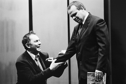  Production still for "Myth, Propaganda and Disaster in Nazi Germany and Contemporary America". L-R: Nicholas Eadie as Talbot, Tom Considine as Max. Photographer: Jeff Busby