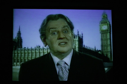 Production still for "The Big Con". Max Gillies as Tony Blair. Photographer: Lisa Tomasetti