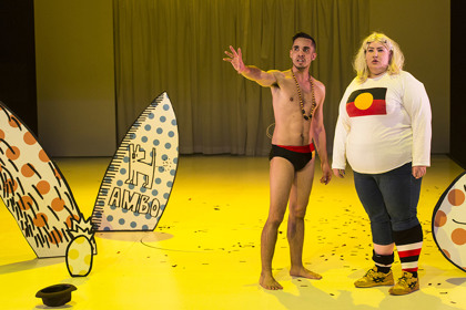 Production still for "Blaque Showgirls". L-R: Guy Simon, Bessie Holland as Ginny Jones. Photographer: Pia Johnson 