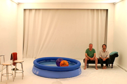 Production still for "Holiday". L-R: Patrick Moffatt, Paul Lum. Photographer: Anna Tregloan