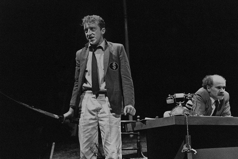 Production still for "Royboys": L-R: Robert Perrier as Commentator Peter, Phil Sumner as Umpy Commentator. Photographer: Jeff Busby