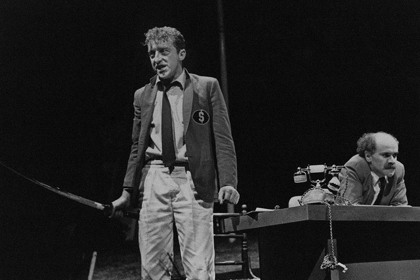 Production still for "Royboys": L-R: Robert Perrier as Commentator Peter, Phil Sumner as Umpy Commentator. Photographer: Jeff Busby