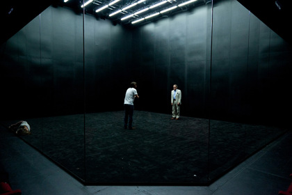 Production still for "The Wild Duck". L-R: Anita Hegh as Gina (lying), Ewen Leslie as Hjalmar, John Gaden as Werle. Photographer: Pia Johnson