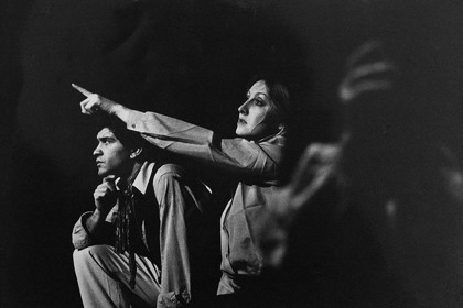 Production still for "The Emigrants". L-R: John Vomero, Stavroula. Photographer: David Parker
