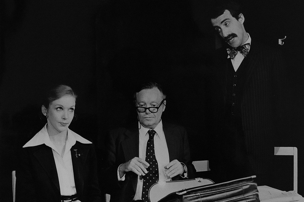 Publicity still for "Dirty Linen". L-R: ?, Charles 'Bud' Tingwell, Carrillo Gantner. Photographer: Jeff Busby