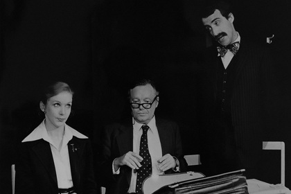Publicity still for "Dirty Linen". L-R: ?, Charles 'Bud' Tingwell, Carrillo Gantner. Photographer: Jeff Busby