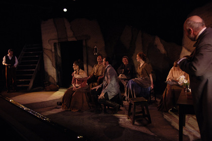 William Allert as Owen, John Kelly as the Narrator, Lizzy Falkland as Bridget, Michaela Cantwell as Sarah, Andrew Martin as Hugh. Photographer: Nick Hopton