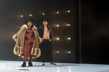 Production still for "Blaque Showgirls". L-R: Elaine Crombie as Chandon Connors, Guy Simon. Photographer: Pia Johnson 