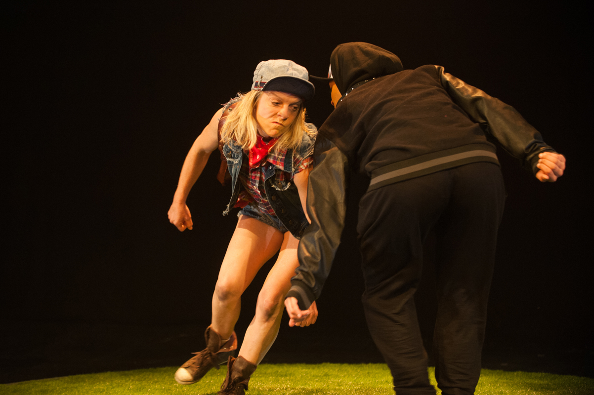 Production still for "normal.suburban.planetary.meltdown". L to R: Nicci Wilks, Naomi Rukavina. Photographer: Sarah Walker