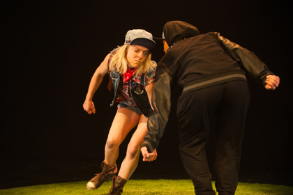 Production still for "normal.suburban.planetary.meltdown". L to R: Nicci Wilks, Naomi Rukavina. Photographer: Sarah Walker