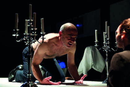 Production still for "Trustees". L-R: Daniel Schlusser, Tammy Anderson. Photographer: Nicolai Khalezin