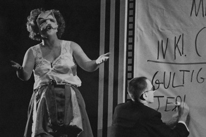 Production still for "Cafe Fledermaus". L-R: Robyn Archer, Russell Garbutt. Photographer: David B. Simmonds
