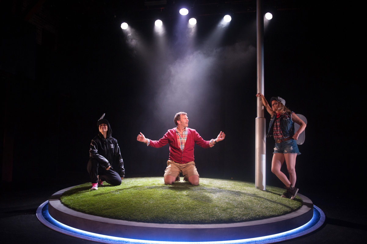 Production still for "normal.suburban.planetary.meltdown". L to R: Naomi Rukavina, Jim Russell, Nicci Wilks. Photographer: Sarah Walker