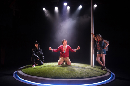 Production still for "normal.suburban.planetary.meltdown". L to R: Naomi Rukavina, Jim Russell, Nicci Wilks. Photographer: Sarah Walker