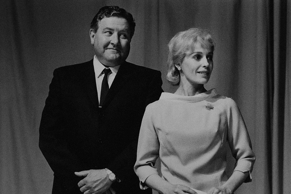 Production still for "Away". L-R: John Wood, Helen Morse. Photographer: Jeff Busby